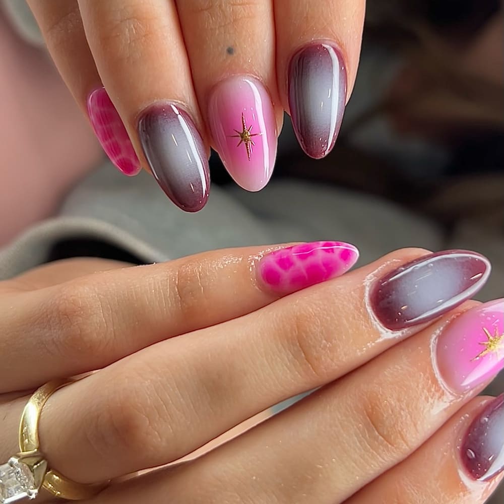 pink and black ombré and nail art nails, almond shape — nail salon in Calhoun, GA — Sonny & Tee