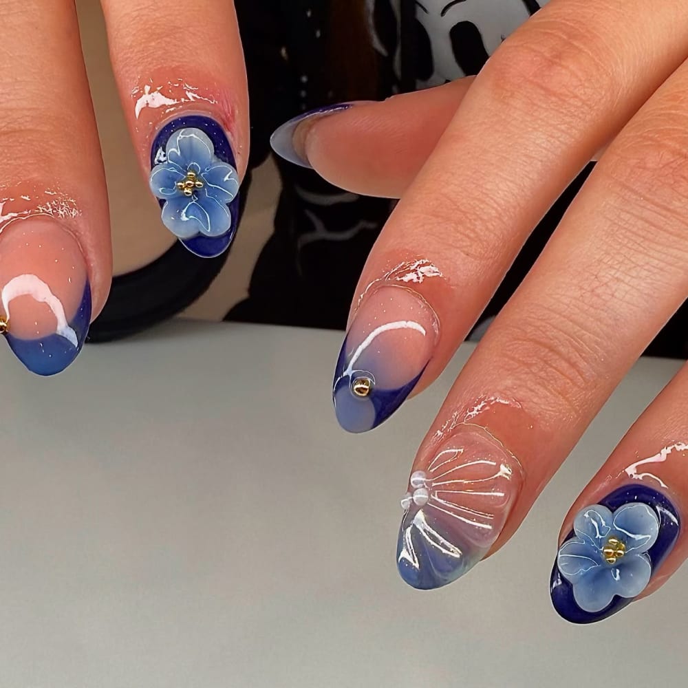 blue and nude french, 3D and nail art nails, almond shape — nail salon in Calhoun, GA — Sonny & Tee