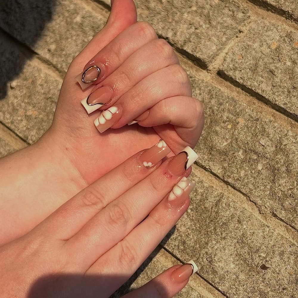 white and nude french and nail art nails, square shape — nail salon in Calhoun, GA — Sonny & Tee