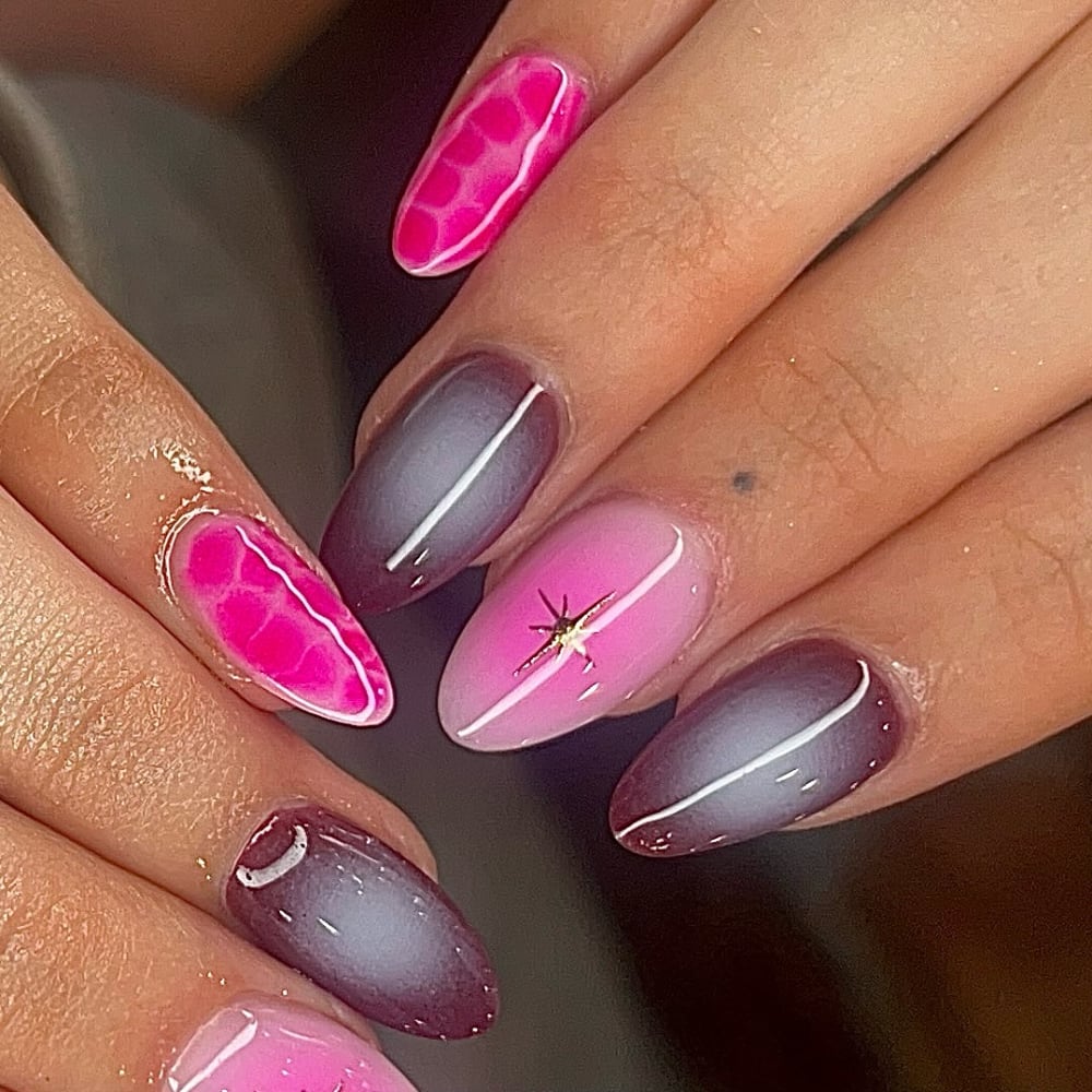 pink and black ombré and nail art nails, almond shape — nail salon in Calhoun, GA — Sonny & Tee