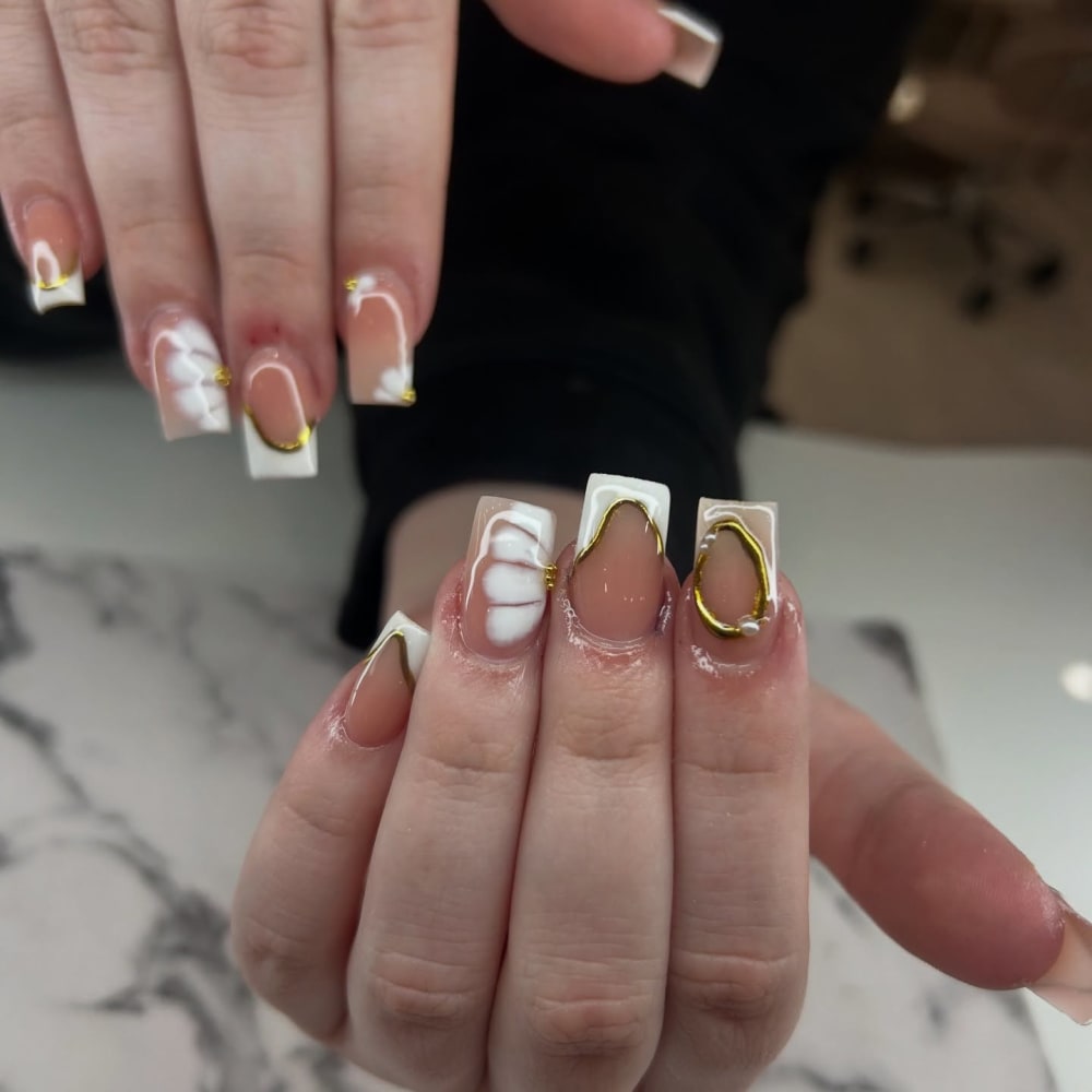 white and nude french and nail art nails, square shape — nail salon in Calhoun, GA — Sonny & Tee