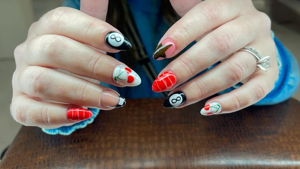 black and red nail art nails, almond shape — nail salon in Calhoun, GA — Sonny & Tee