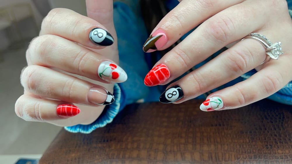 black and red nail art nails, almond shape — nail salon in Calhoun, GA — Sonny & Tee