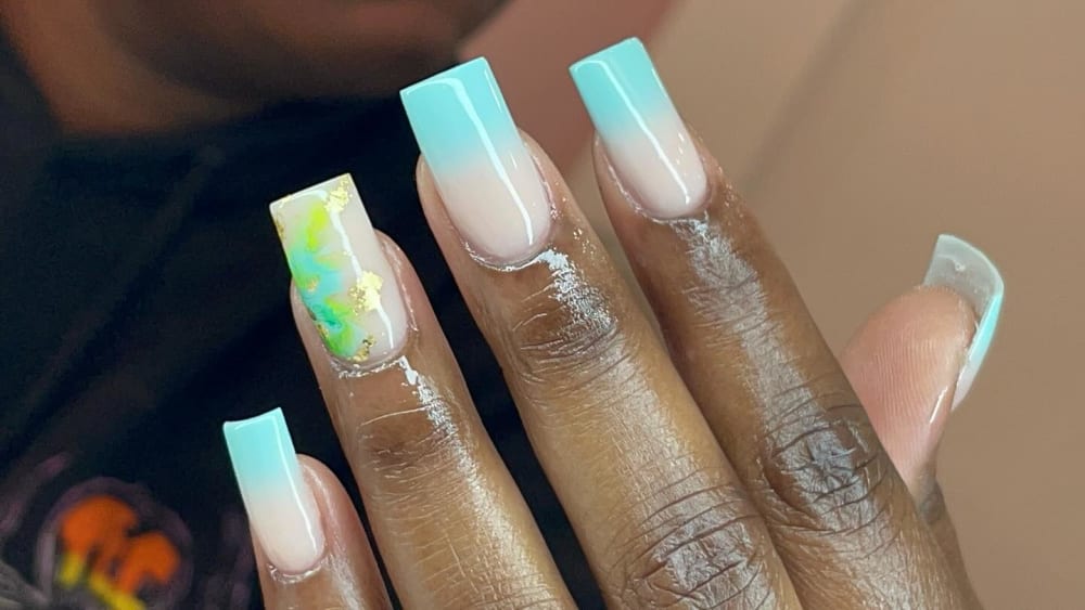 blue and nude ombré and nail art nails, square shape — nail salon in Calhoun, GA — Sonny & Tee