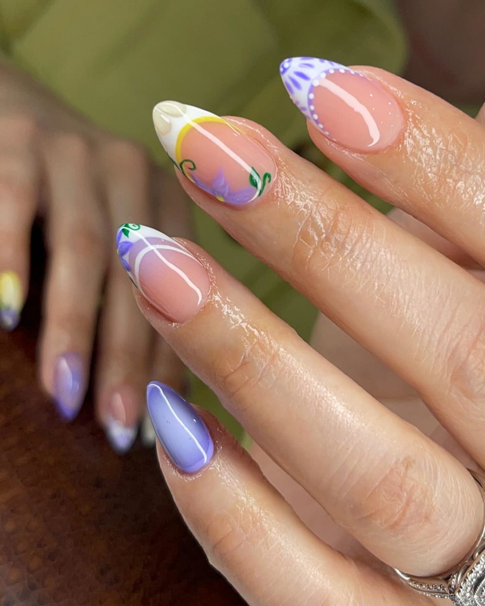nude and blue french and nail art nails, almond shape — nail salon in Calhoun, GA — Sonny & Tee