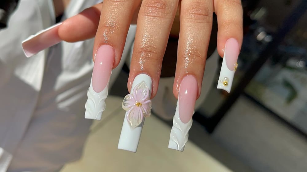 white and nude french and 3D nails, coffin shape — nail salon in Calhoun, GA — Sonny & Tee