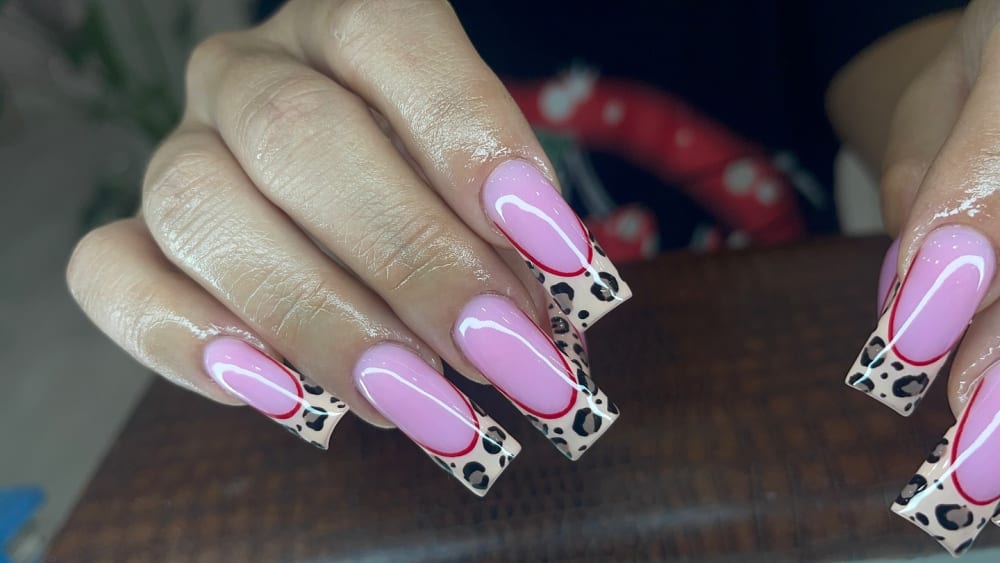 pink and red french and nail art nails, square shape — nail salon in Calhoun, GA — Sonny & Tee