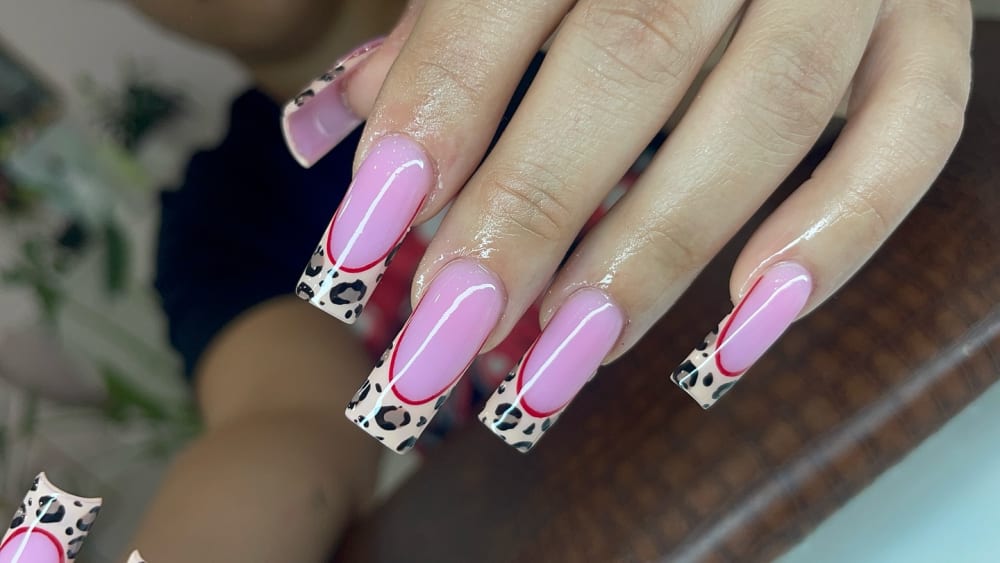 pink and nude french and nail art nails, coffin shape — nail salon in Calhoun, GA — Sonny & Tee