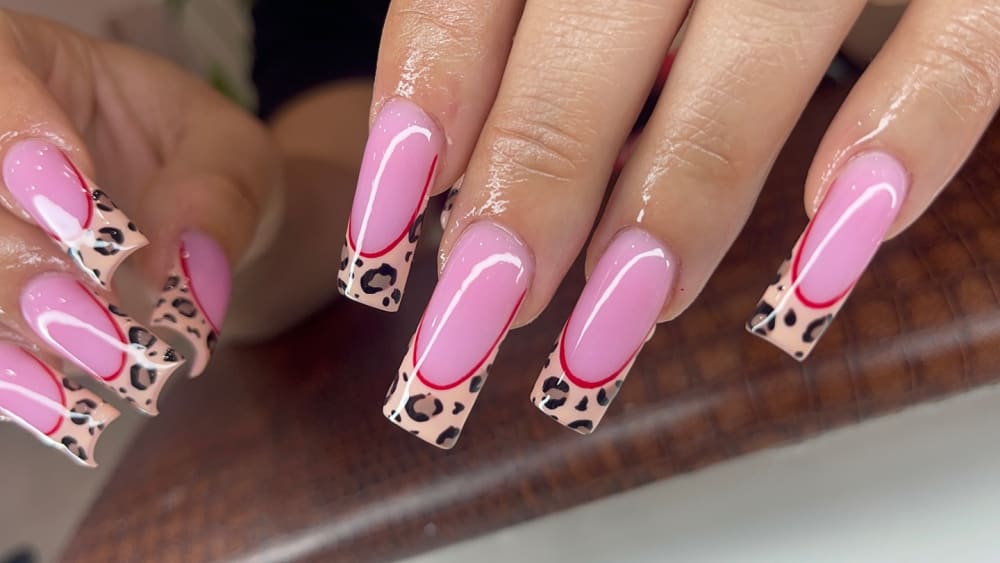 pink and nude french and nail art nails, coffin shape — nail salon in Calhoun, GA — Sonny & Tee