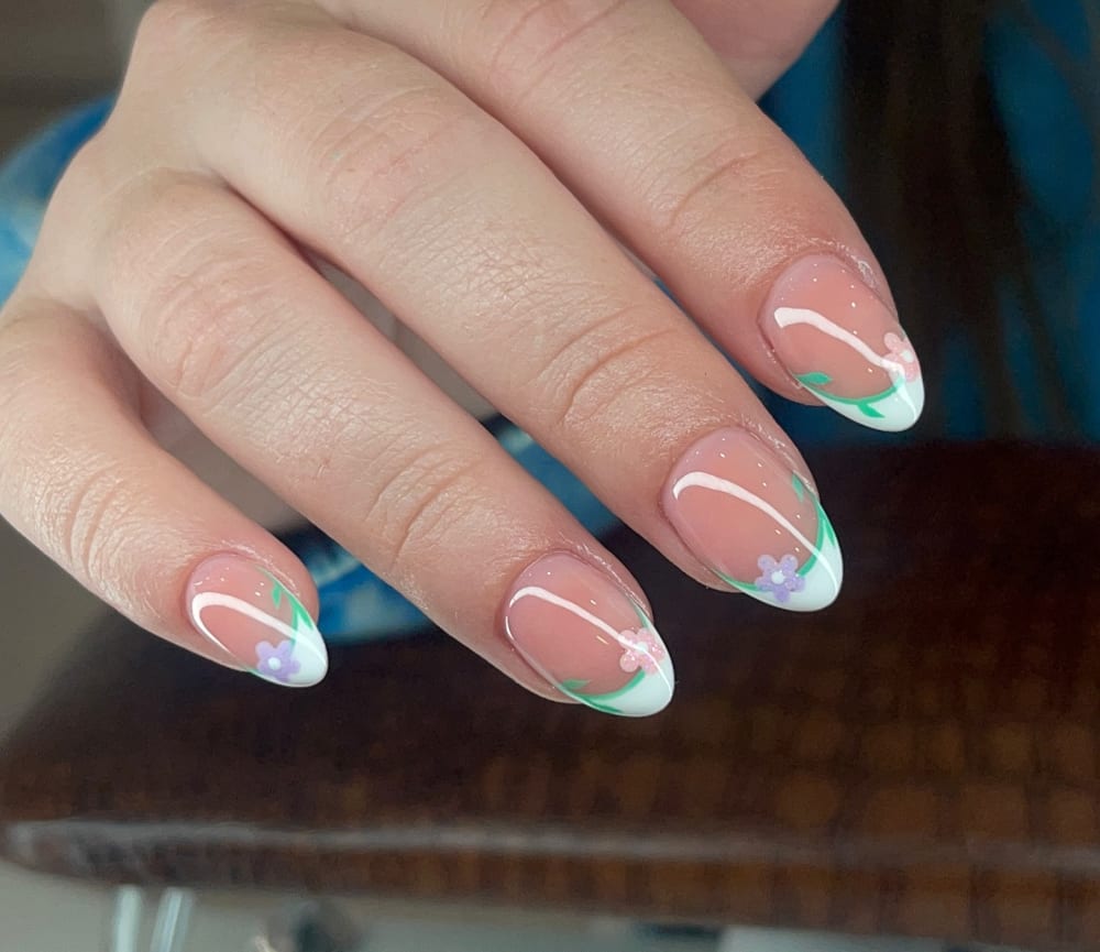 pink and nude french and nail art nails, coffin shape — nail salon in Calhoun, GA — Sonny & Tee