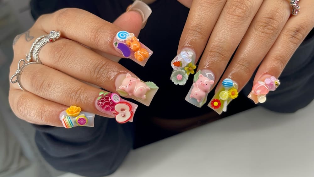 white and green french and nail art nails, almond shape — nail salon in Calhoun, GA — Sonny & Tee