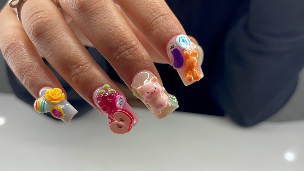 pink and white 3D and nail art nails, square shape — nail salon in Calhoun, GA — Sonny & Tee