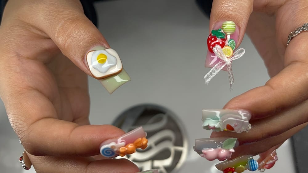 white and red 3D and nail art nails, square shape — nail salon in Calhoun, GA — Sonny & Tee