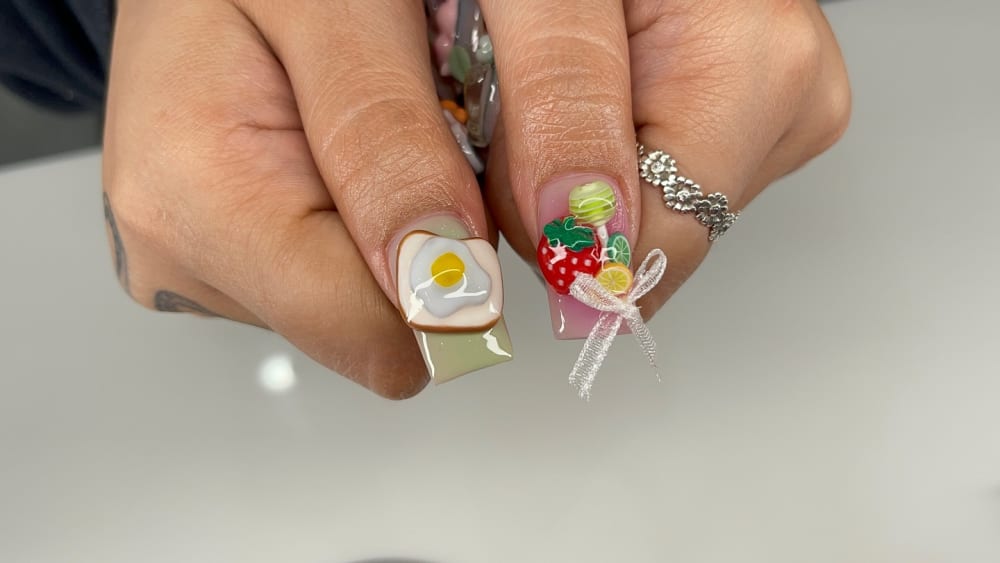 white and red 3D and nail art nails, square shape — nail salon in Calhoun, GA — Sonny & Tee