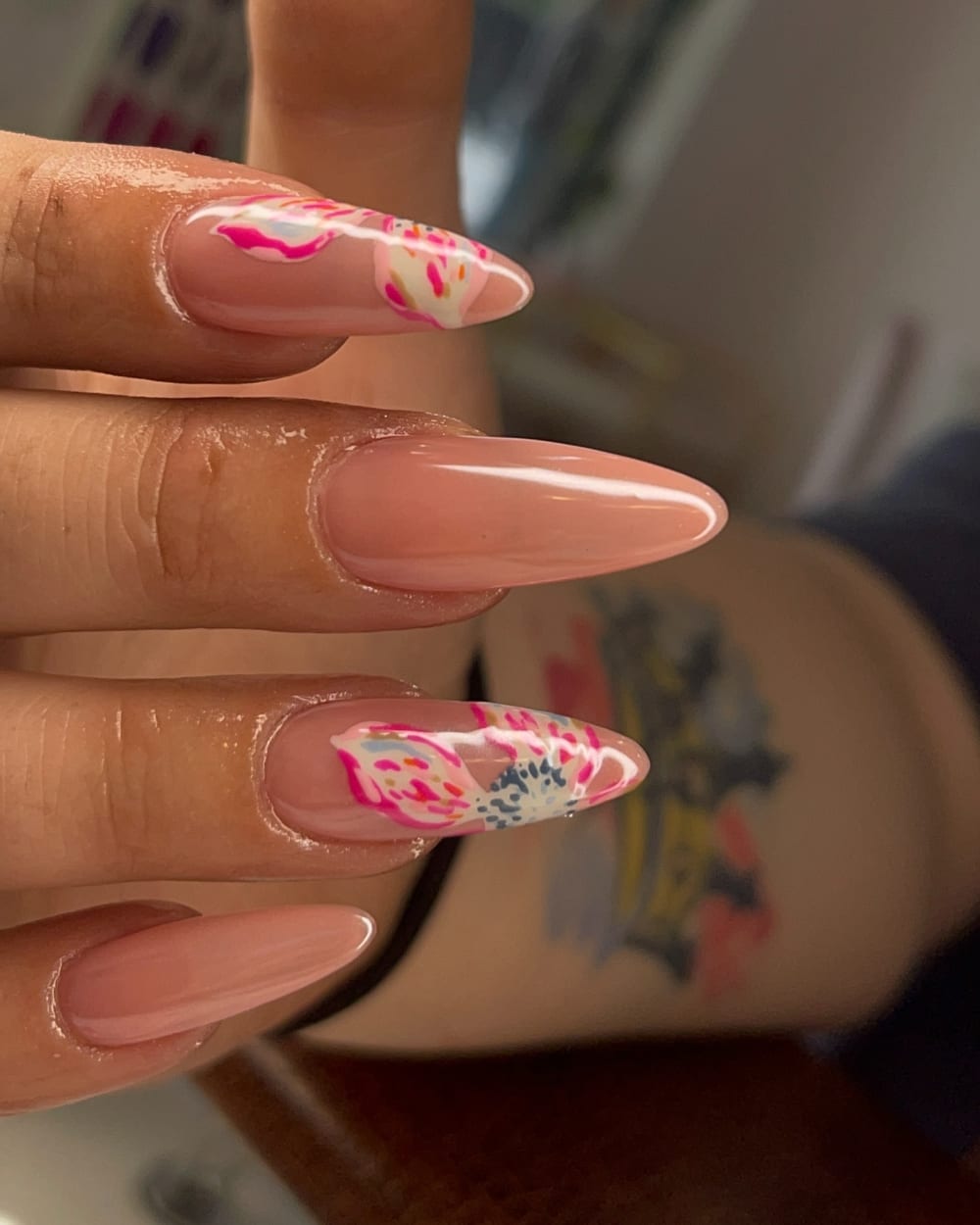 nude and pink nail art and french nails, almond shape — nail salon in Calhoun, GA — Sonny & Tee