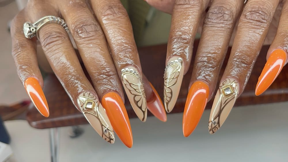 gold and nude 3D and nail art nails, stiletto shape — nail salon in Calhoun, GA — Sonny & Tee