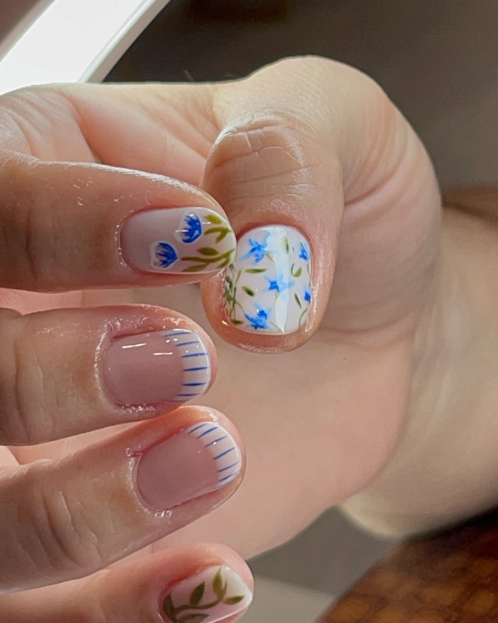 white and blue nail art and french nails, square shape — nail salon in Calhoun, GA — Sonny & Tee