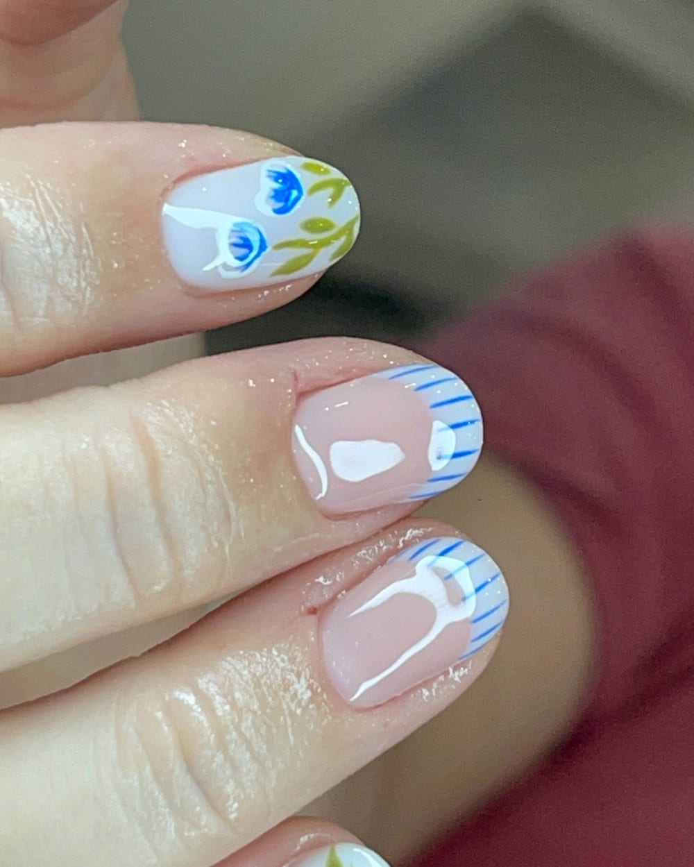white and blue nail art and french nails, square shape — nail salon in Calhoun, GA — Sonny & Tee