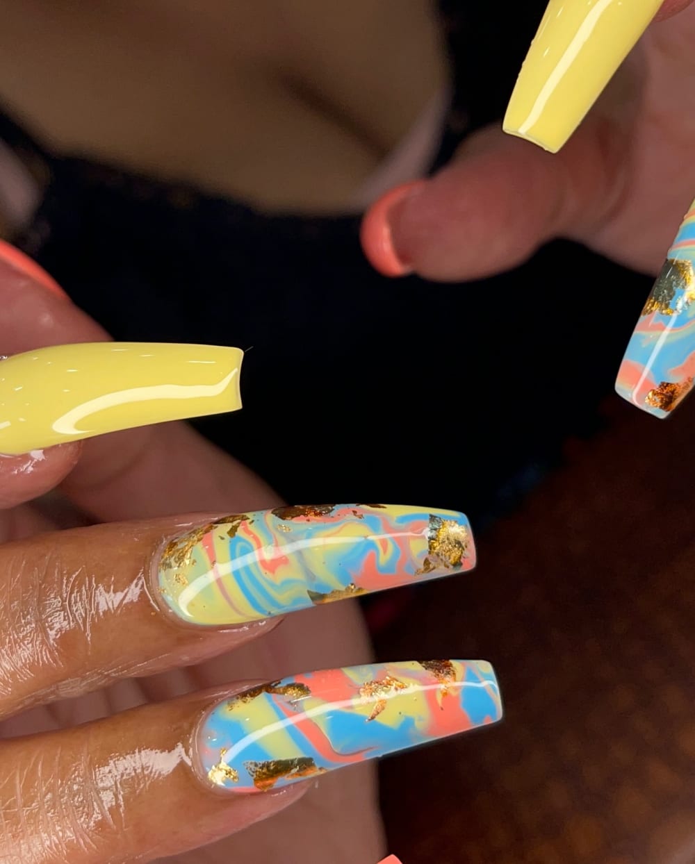 blue and gold nail art nails, coffin shape — nail salon in Calhoun, GA — Sonny & Tee