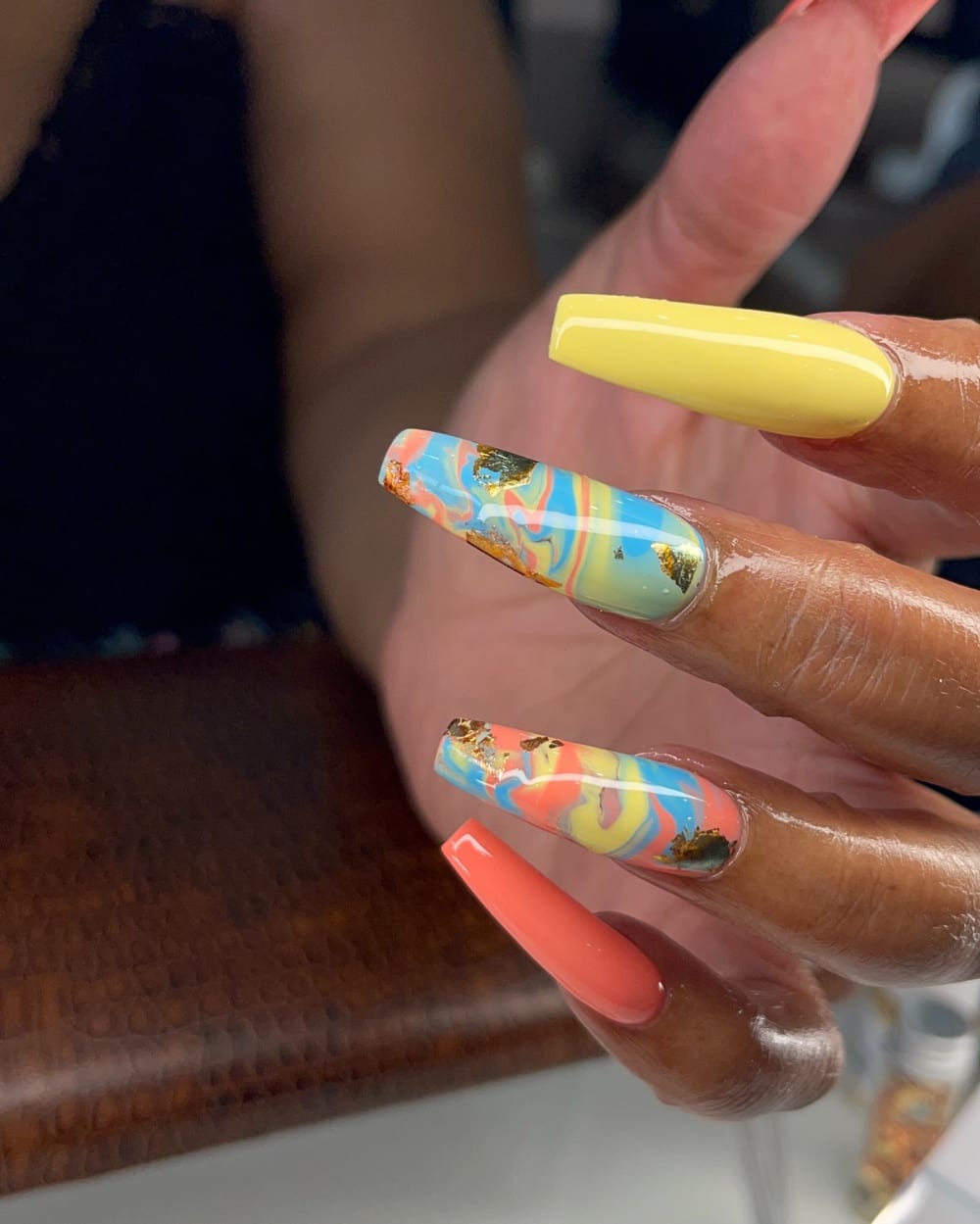 blue and gold nail art nails, coffin shape — nail salon in Calhoun, GA — Sonny & Tee