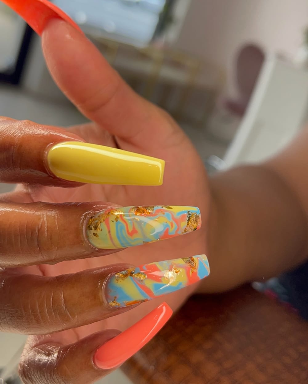 blue and gold nail art nails, coffin shape — nail salon in Calhoun, GA — Sonny & Tee