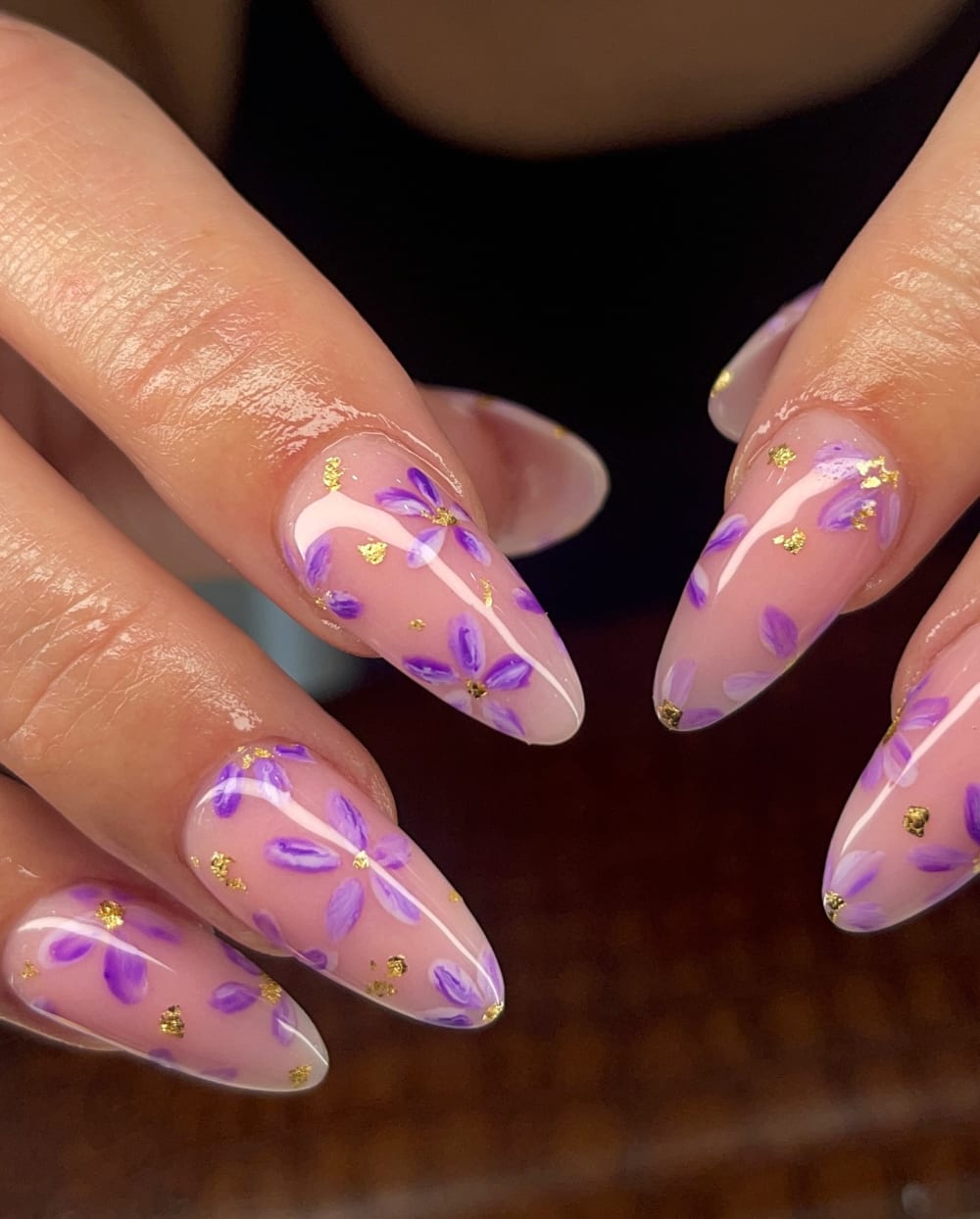 nude and gold nail art nails, almond shape — nail salon in Calhoun, GA — Sonny & Tee