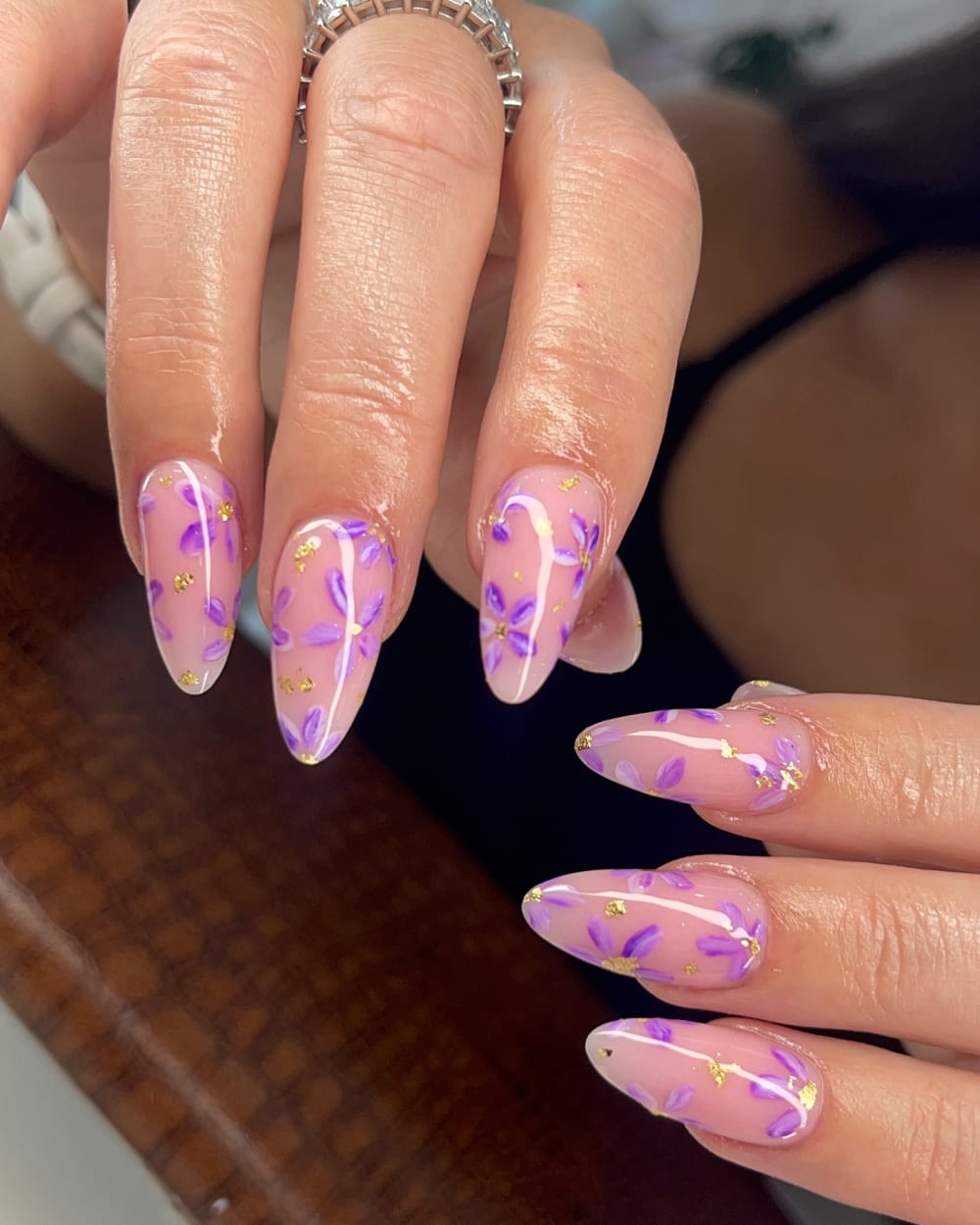 nude and gold nail art nails, almond shape — nail salon in Calhoun, GA — Sonny & Tee