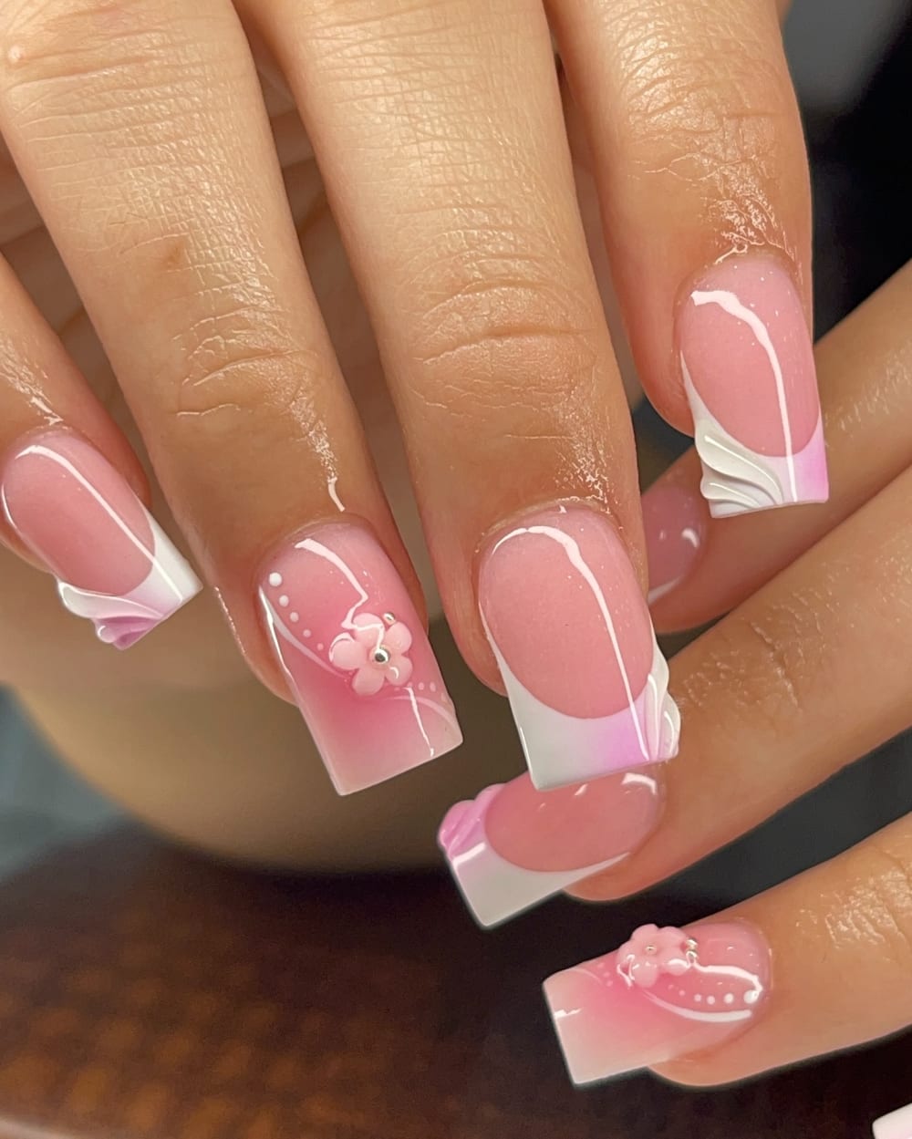 pink and white french, 3D and nail art nails, square shape — nail salon in Calhoun, GA — Sonny & Tee