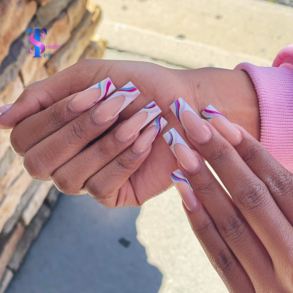 pink and blue french and nail art nails, coffin shape — nail salon in Rome, GA — Sonny & Tee