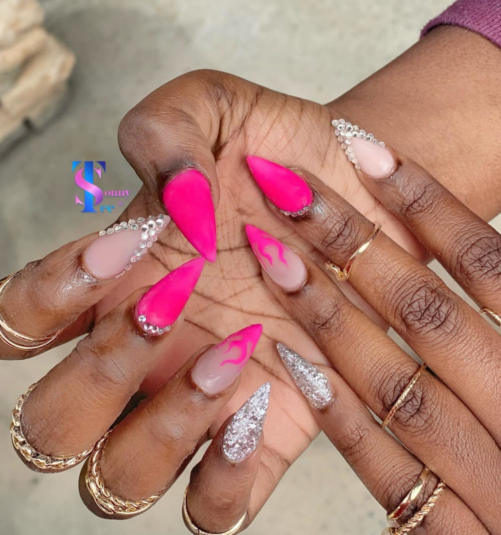 pink and nude glitter and nail art nails, stiletto shape — nail salon in Rome, GA — Sonny & Tee