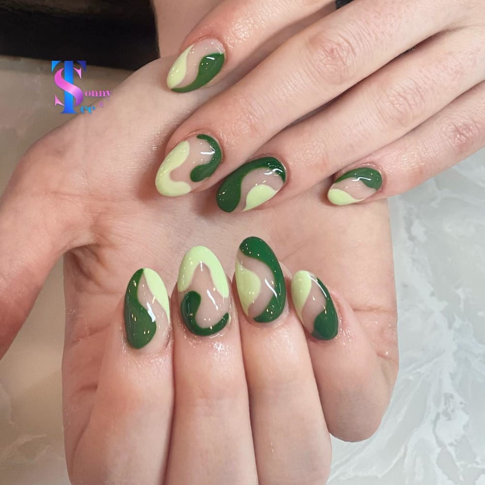 green and white nail art nails, almond shape — nail salon in Rome, GA — Sonny & Tee