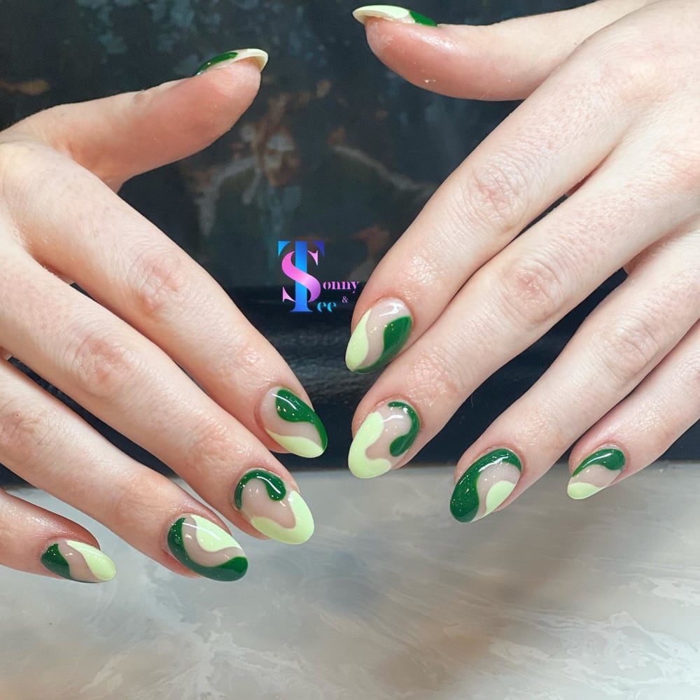 green and white nail art nails, almond shape — nail salon in Rome, GA — Sonny & Tee
