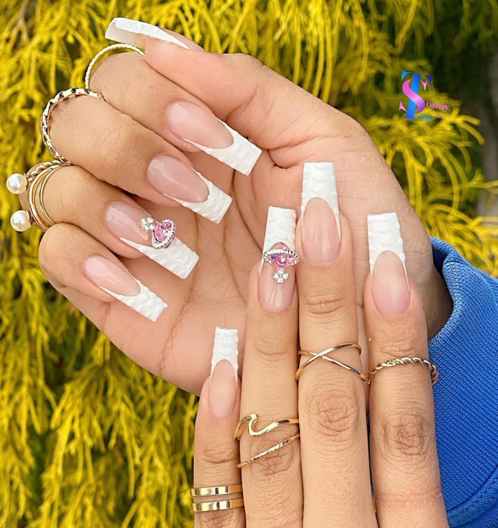 white and nude french and 3D nails, coffin shape — nail salon in Rome, GA — Sonny & Tee