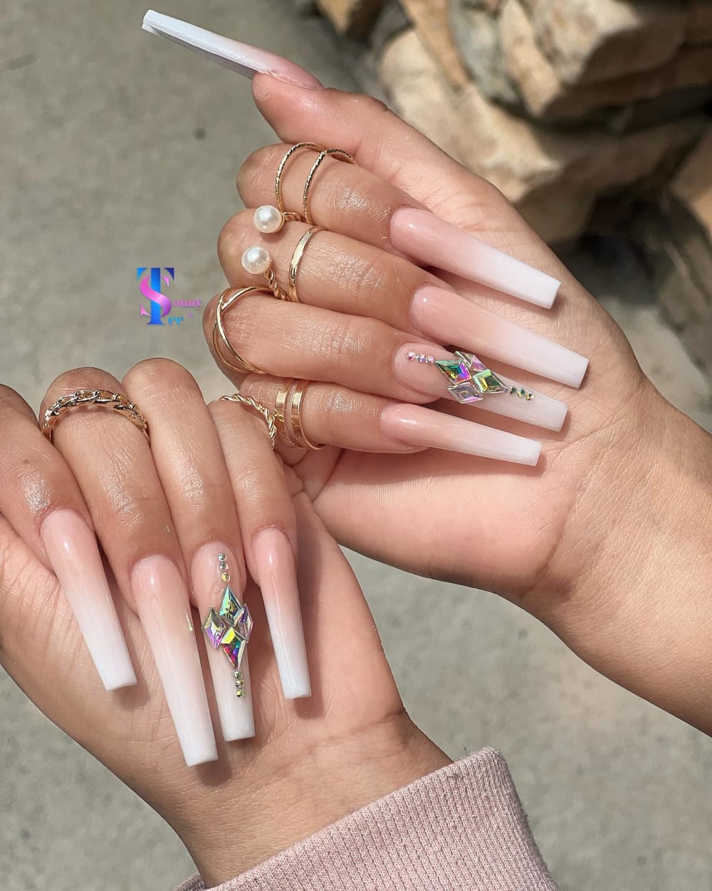 nude and white ombré and 3D nails, coffin shape — nail salon in Rome, GA — Sonny & Tee