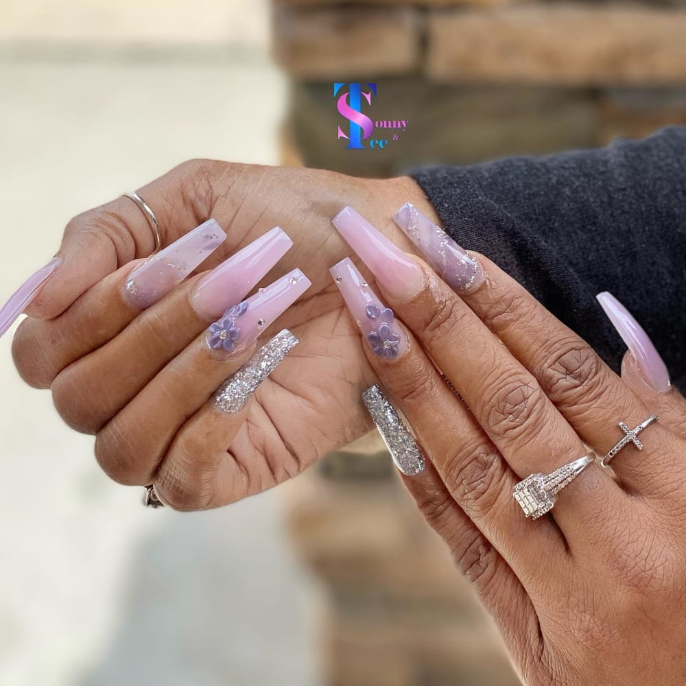 pink and nude glitter, 3D and nail art nails, coffin shape — nail salon in Rome, GA — Sonny & Tee