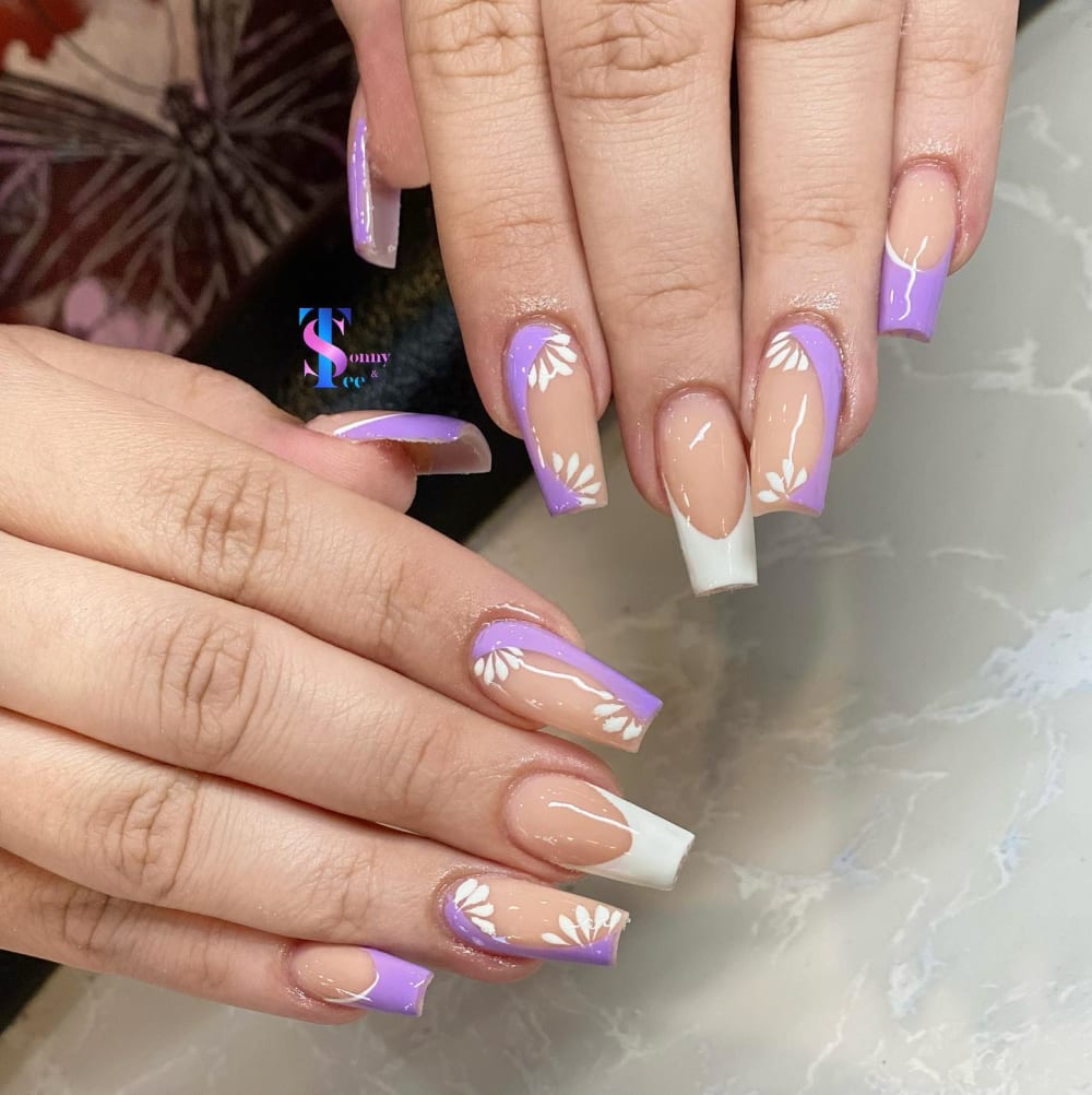 nude and white french and nail art nails, coffin shape — nail salon in Rome, GA — Sonny & Tee