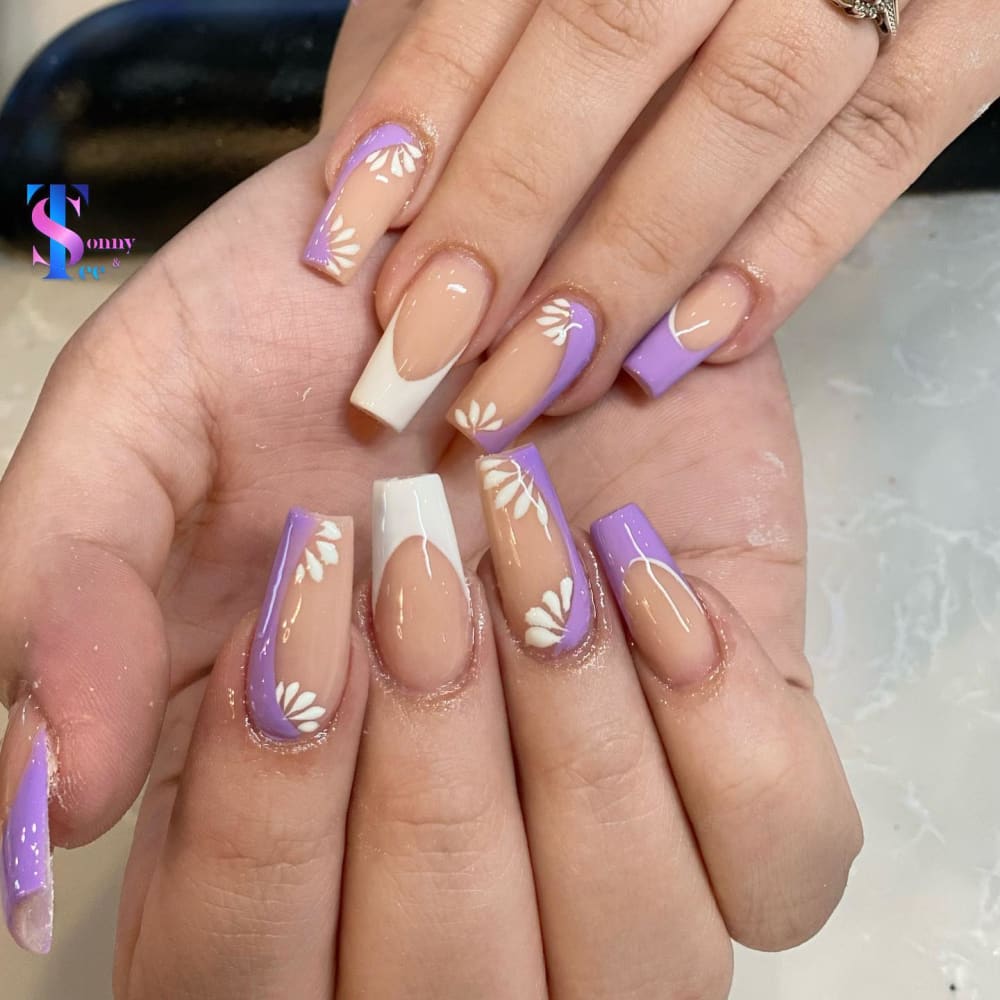 nude and white french and nail art nails, coffin shape — nail salon in Rome, GA — Sonny & Tee