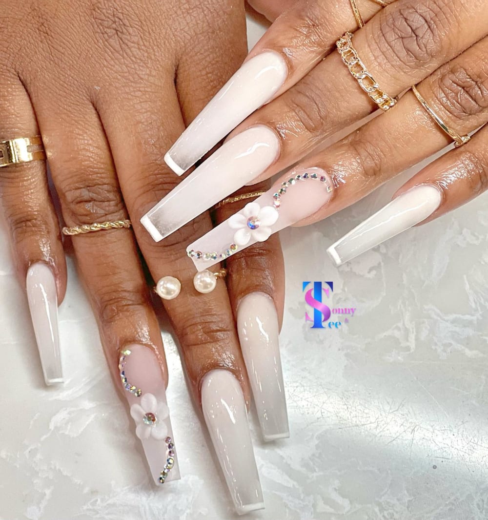 white and nude ombré and 3D nails, coffin shape — nail salon in Rome, GA — Sonny & Tee
