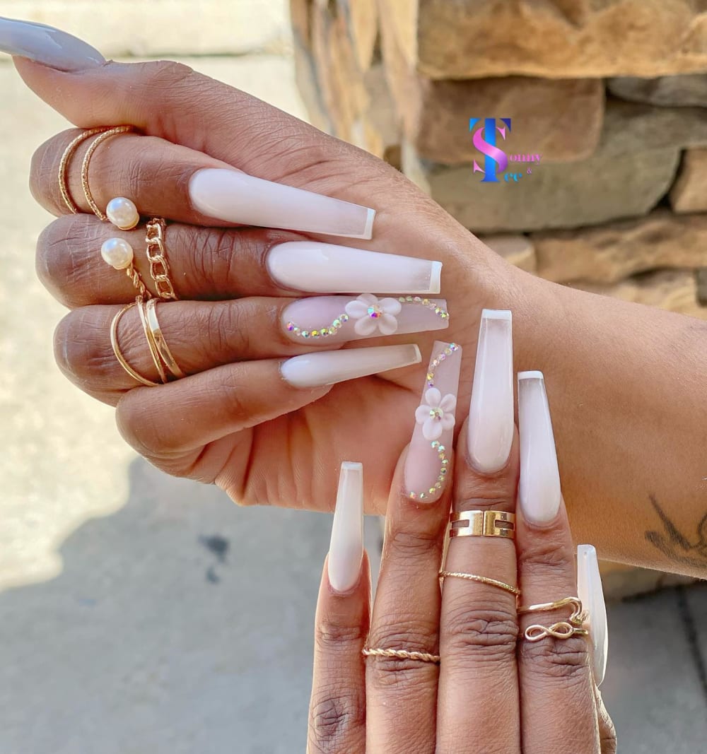 white and nude 3D and nail art nails, coffin shape — nail salon in Rome, GA — Sonny & Tee