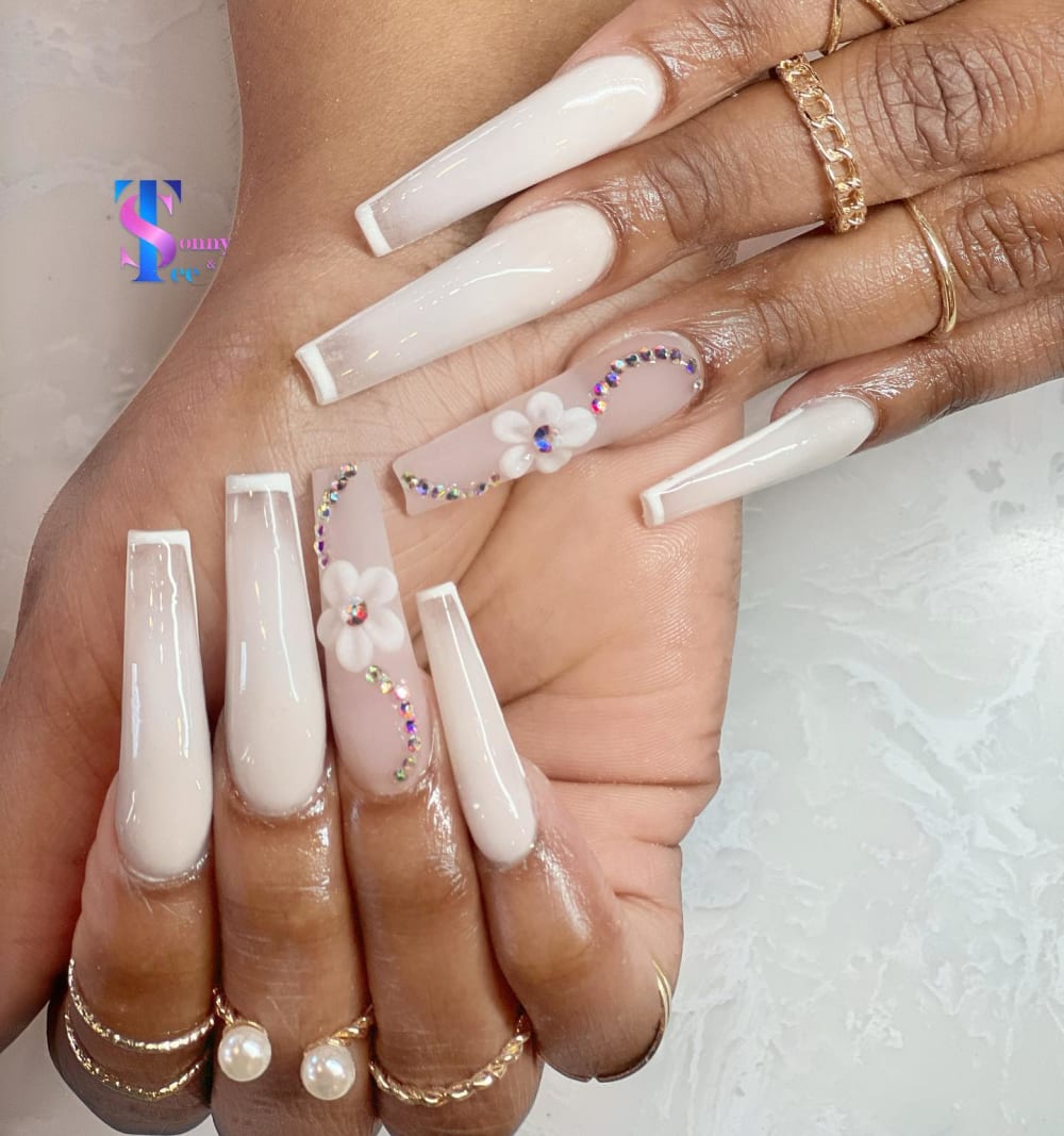 white and nude 3D and french nails, coffin shape — nail salon in Rome, GA — Sonny & Tee