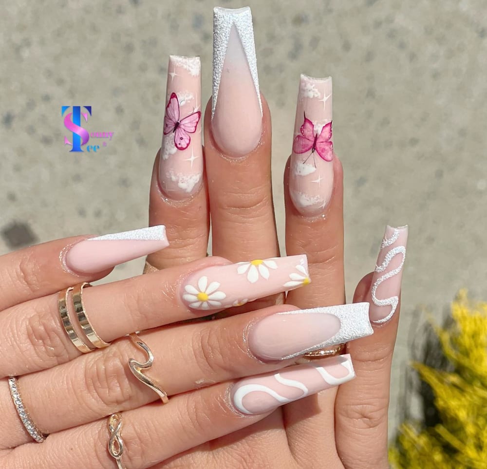 white and pink french, nail art and 3D nails, coffin shape — nail salon in Rome, GA — Sonny & Tee