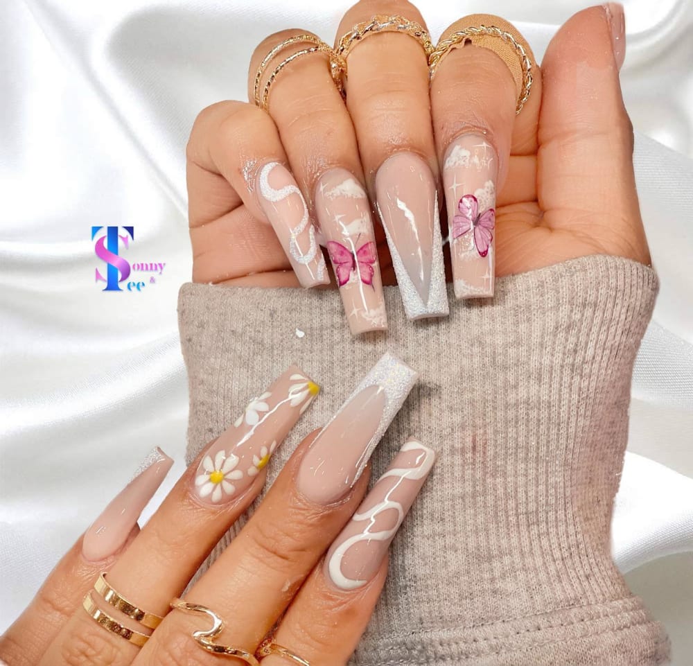nude and white nail art nails, coffin shape — nail salon in Rome, GA — Sonny & Tee