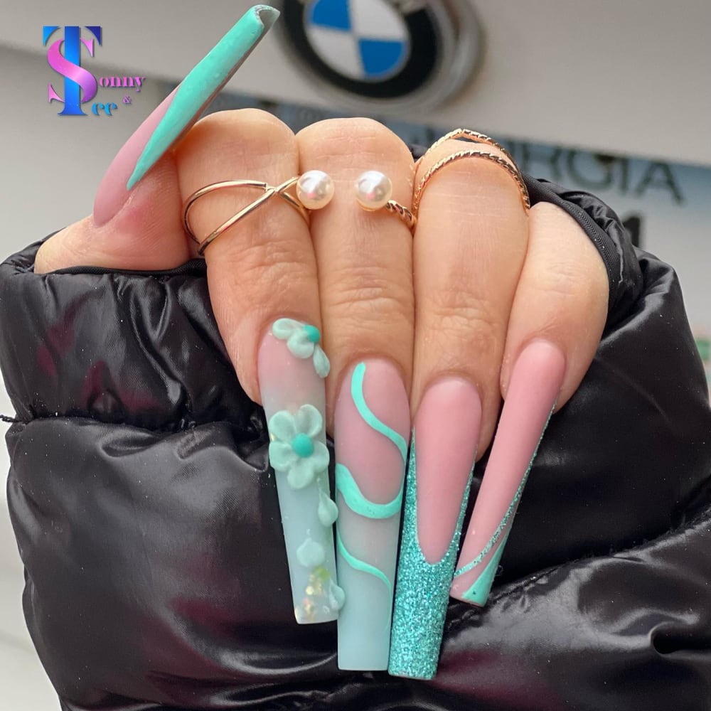 blue and pink nail art, 3D and glitter nails, coffin shape — nail salon in Rome, GA — Sonny & Tee