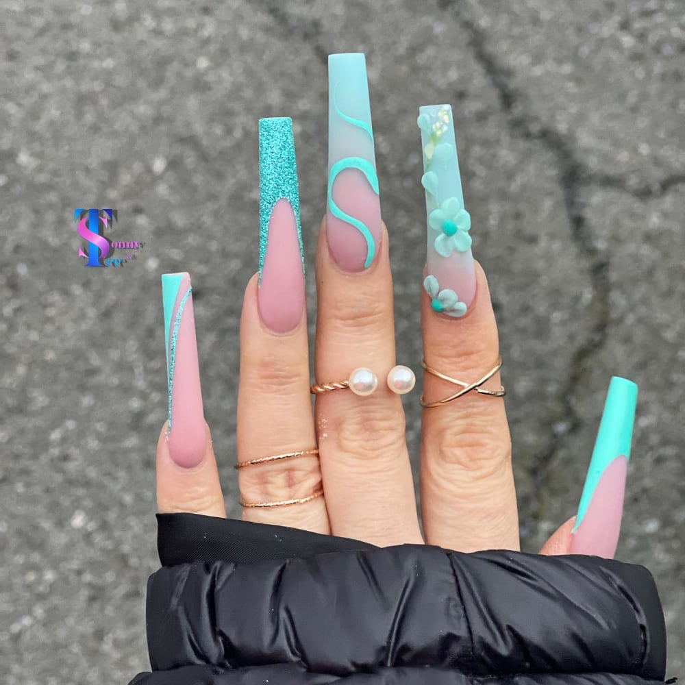 blue and pink french, 3D and glitter nails, coffin shape — nail salon in Rome, GA — Sonny & Tee