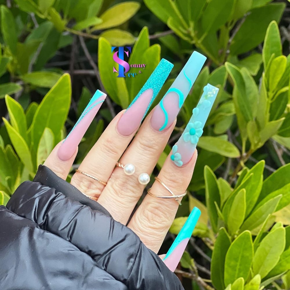 blue and green nail art, 3D and glitter nails, coffin shape — nail salon in Rome, GA — Sonny & Tee