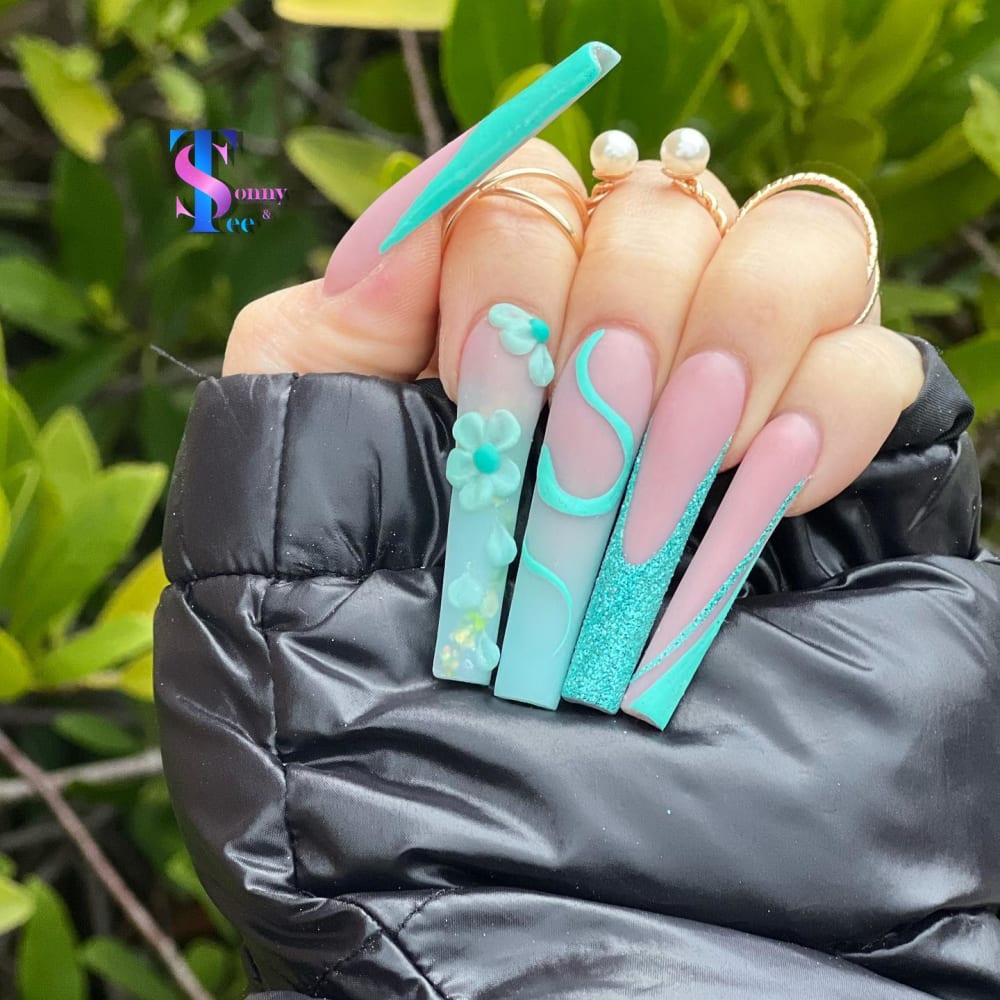 blue and pink french, 3D and glitter nails, coffin shape — nail salon in Rome, GA — Sonny & Tee