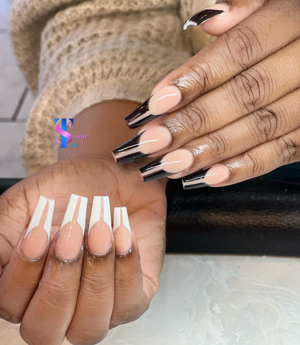 nude and black french and chrome nails, coffin shape — nail salon in Rome, GA — Sonny & Tee