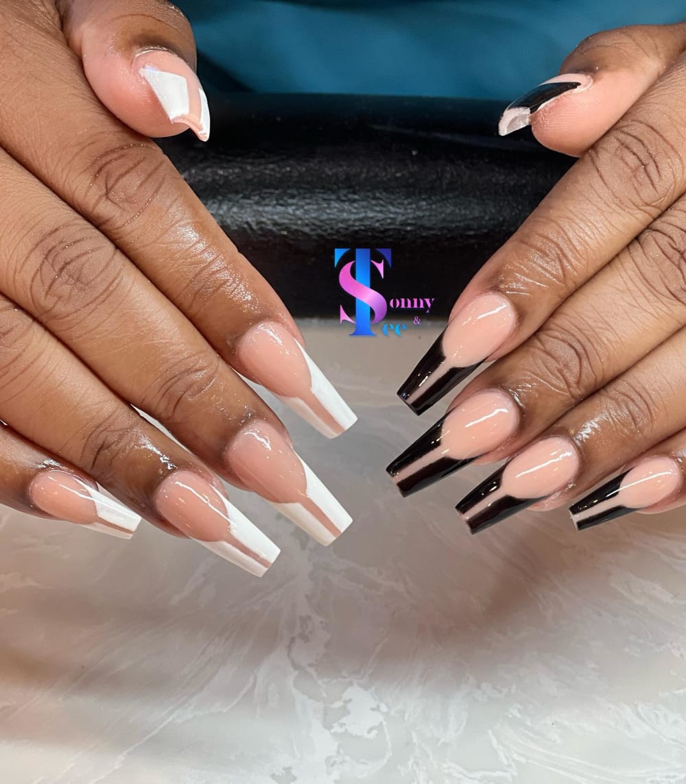 nude and white french and chrome nails, coffin shape — nail salon in Rome, GA — Sonny & Tee