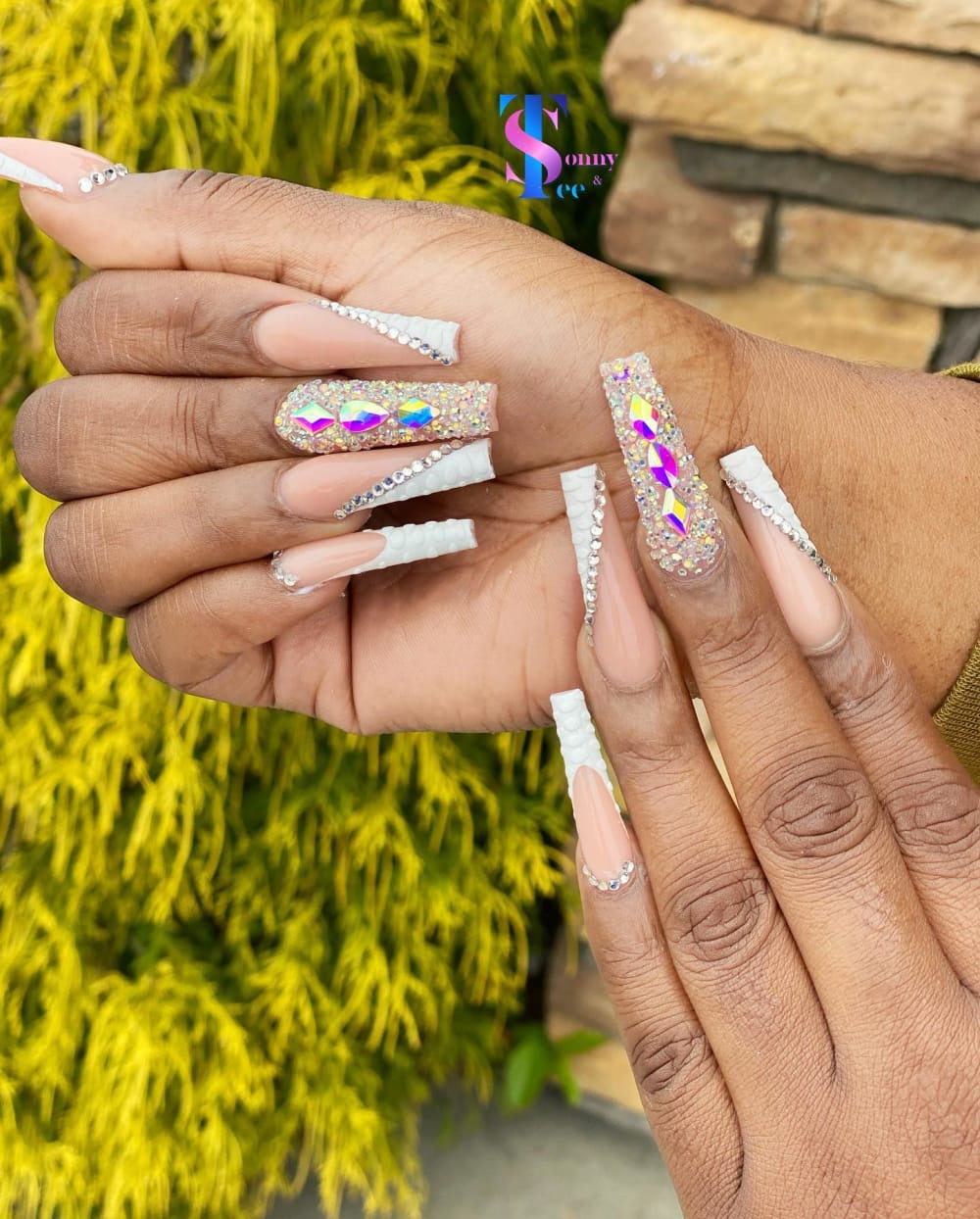 nude and white french, 3D and glitter nails, coffin shape — nail salon in Rome, GA — Sonny & Tee