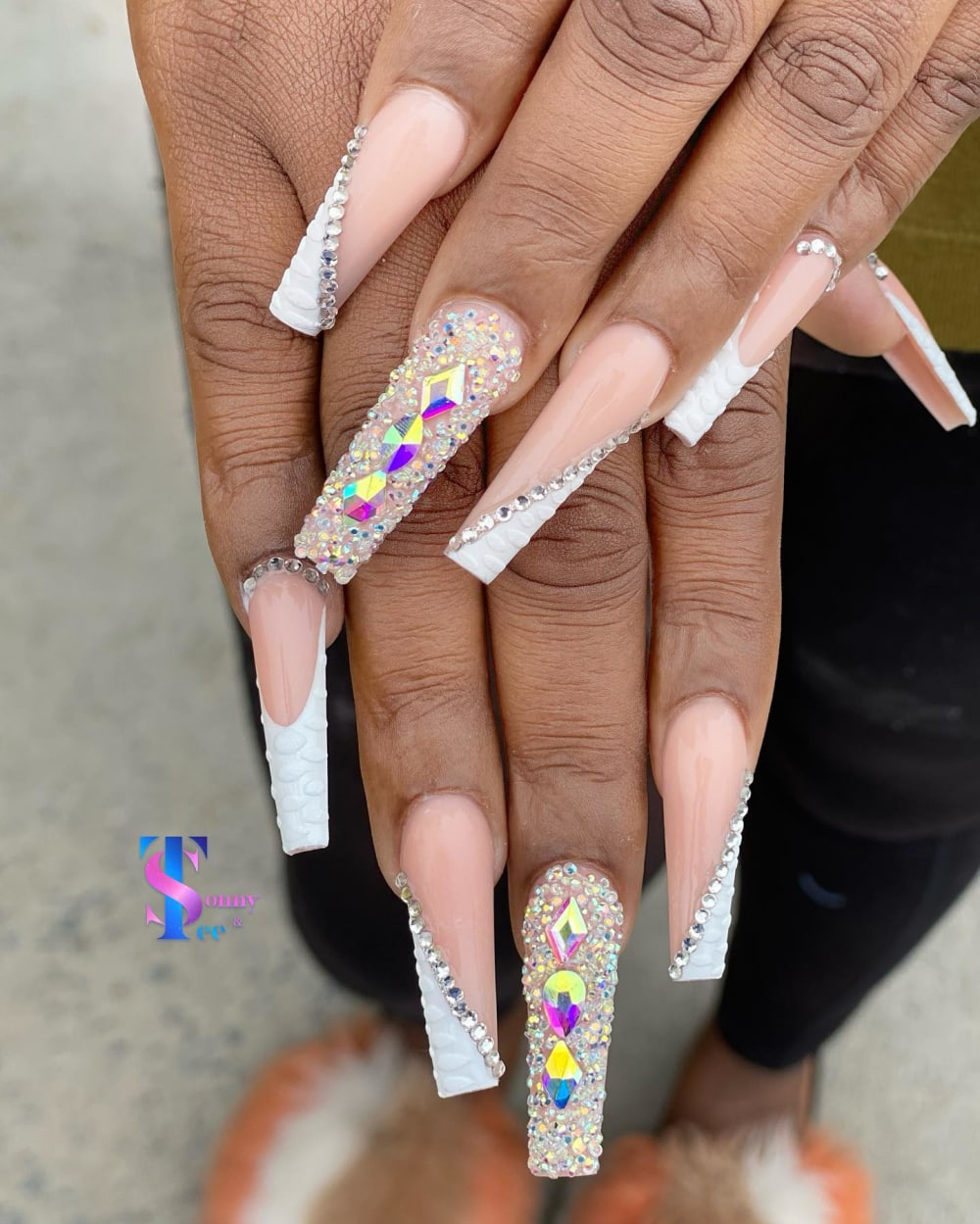 nude and white french, 3D and glitter nails, coffin shape — nail salon in Rome, GA — Sonny & Tee